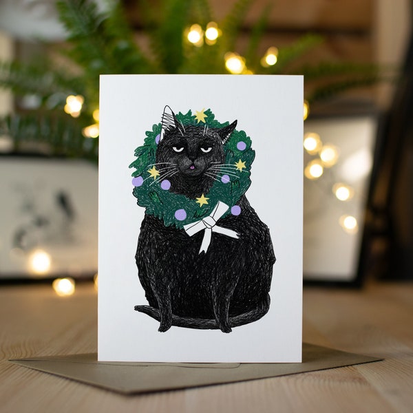 Holly blep Christmas Card | Funny holiday Card, unique illustrations, Chonky black cat, Cat Blep, Christmas wreath card, cute cat card