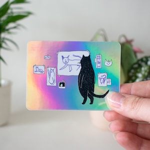Gallery Cat Sticker | Holographic Stickers, Cat Stickers, Vaporwave Stickers, Kawaii Sticker, Water Bottle Sticker, Laptop Sticker,