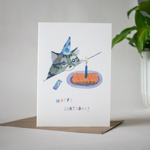 Happy Birthday Cat Card Greeting Card of original watercolor painting for Birthday, kids and childrens 1st Birthday zdjęcie 1