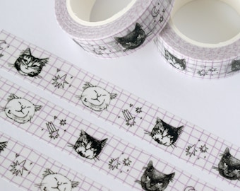 Cute Cat Washi Tape | 15mm x 10m Kawaii stationery with black and white illustration and pastel pink checkered bg for planners, scrapbooks