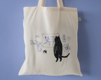 Gallery Cat | Cat Tote Bag, Organic Cotton Bag, Tote Bag, Reusable Tote Bag, Animal Tote, Fabric Tote Bag, Screen Print, Cat Illustration