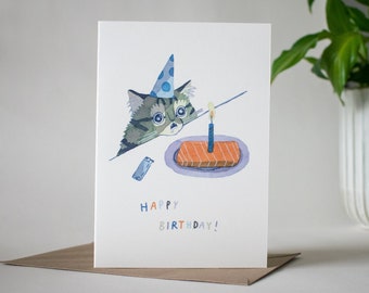Gelukkige verjaardag kat kaart | Wenskaart van origineel aquarelschilderij voor verjaardag, kinderen en 1e verjaardag van kinderen