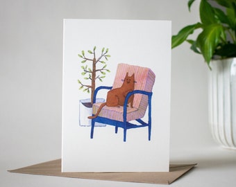 Houten Fauteuil Kat | Wenskaart van origineel aquarelschilderij voor verjaardag, Moederdag, Valentijnsdag of gewoon om hallo te zeggen