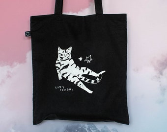 La vie est dure | Sac fourre-tout chat, Sac en coton bio, Sac fourre-tout, Sac fourre-tout réutilisable, Cabas animal, Sac fourre-tout en tissu, Sérigraphie, Illustration de chat