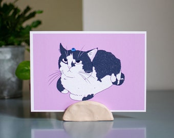 Grumpy Blueberry | Art print of a digital drawing featuring a tuxedo cat sitting in a loaf position & looking up at a blueberry on its head