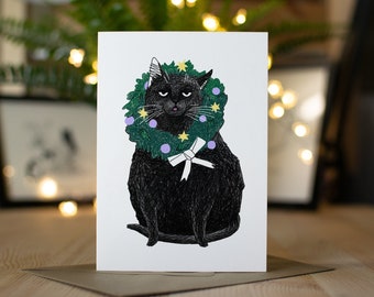 Hulst blep kerstkaart | Grappige kerstkaart, unieke illustraties, Chonky zwarte kat, Cat Blep, kerstkranskaart, schattige kattenkaart