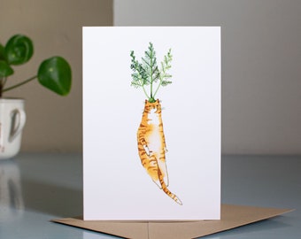 Carrot Cat Greeting Card: Grumpy Tabby Illustration