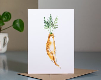 Carrot Cat | Greeting card with cat illustration for every occasion showing a grumpy orange tabby cat that is dressed up as a root vegetable