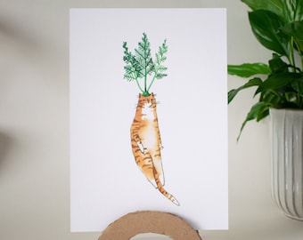 Wortelkat | Grillige kunstafdruk van originele aquarel vegetarische illustratie voor veganisten/vegetariërs, handgemaakte voedselillustratie wanddecoratie