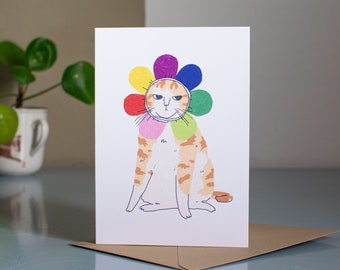 Grumpy Flower | Greeting card with cat illustration for every occasion showing a grumpy orange tabby cat wearing a flower costume