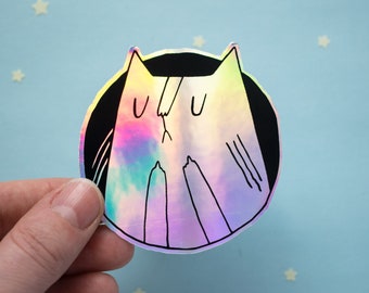 Holographic Cat Sticker| Fuck You Cat, Cat Stickers, Vaporwave Stickers, Kawaii Sticker, Water Bottle Sticker, Laptop Sticker