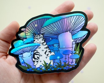Mushroom Forest | Holographic Vinyl Stickers, Cat Stickers, Vinyl Cat Stickers, Kawaii Sticker, Water Bottle Sticker, Laptop Stickers