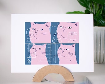 Math kitty, Confused Cat | Funny art print of ditital drawing of the meme Math Lady  or Confused Lady but with a cat instead, rose and blue