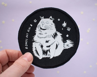 GHOSTS ARE REAL |  Cat Patch, Screen Printed, for Jackets, for Backpack, Iron On Patch, Round Patch, Black Canvas, Punk Patch, Witchy Patch