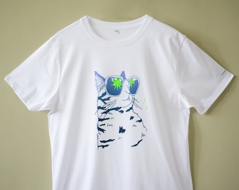 Cool Cat t-shirt | Hand screen printed illustration of a cat with sun glasses on white organic cotton tee with gradient and neon green