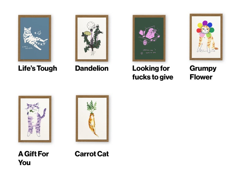 Set of 5 Greeting Cards for every occasion Choose your own, whimsical cat illustration, happy birthday, thank you, flowers and plants image 3