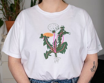 T-shirt van de kat van de paardebloem | Met de hand gezeefdrukt op een wit T-shirt van biologisch katoen met groene, roze en oranje illustratie van een botanische tekening