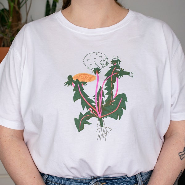 Dandelion Cat t-shirt | Hand screen printed on white organic cotton tee with green, pink and orange illustration of a botanical drawing