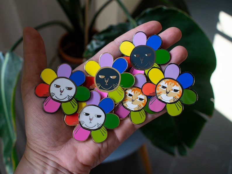 Grumpy Flower Grumpy Flower Cat Hard Enamel Pin | Gold or Black Nickel Plated Brooch ...