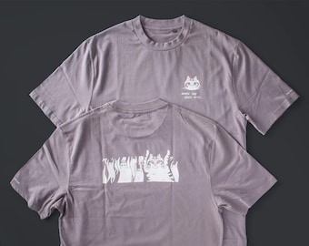 When the bass hits oversized t-shirt | Hand screen printed on dusty llilac 100% cotton tee with front and back print of cats raving