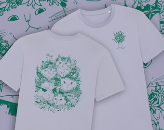 Summer Bouquet T-Shirt | Hand screen printed illustration of 7 cats with flowercrowns and other plants in green on lilac organic cotton tee