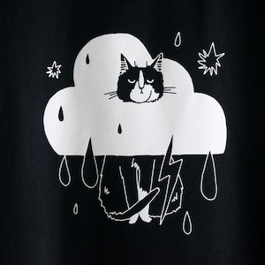 Rain Cloud Cat T-Shirt Hand screen printed on black organic cotton tee with white illustration of a not amused cat in a costume image 2