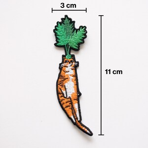 Carrot Cat Patch Cat Badge, Embroidery iron-on patch of orange tabby cat dressed as a carrot, great gift for vegans, cat lover or yourself image 2