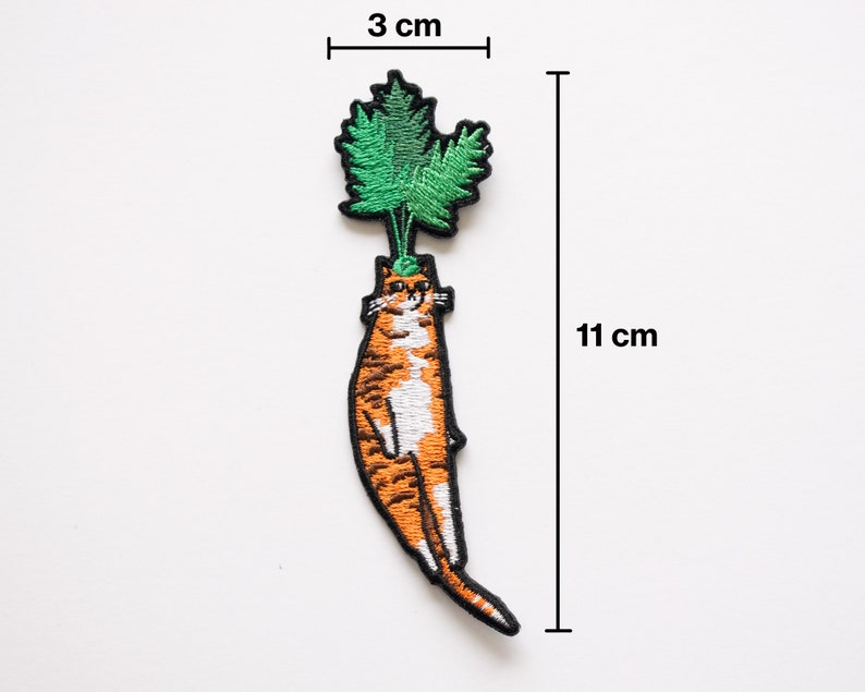 Carrot Cat Patch Cat Badge, Embroidery iron-on patch of orange tabby cat dressed as a carrot, great gift for vegans, cat lover or yourself image 2