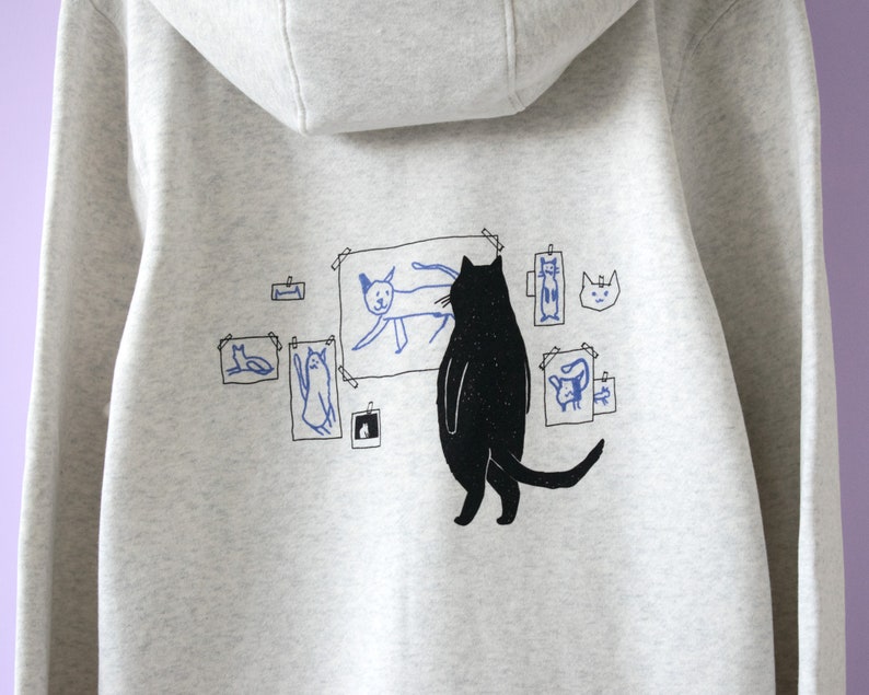 Galerie Sweat à capuche zippé Cat Illustration de chat sérigraphiée à la main sur un sweat à capuche zippé en coton mélangé blanc, art de chat original par The Imprimé Cat image 4