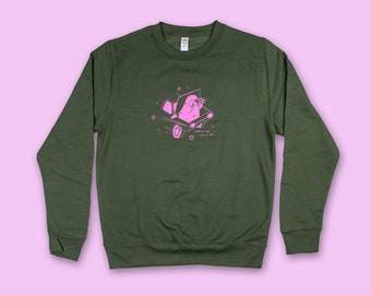 Looking for fucks to give cat sweatshirt | Hand screen printed earthy green cotton crewneck with pink illustration of a cat with binoculars