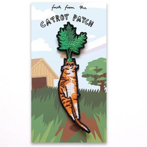 Carrot Cat Patch Cat Badge, Embroidery iron-on patch of orange tabby cat dressed as a carrot, great gift for vegans, cat lover or yourself image 5