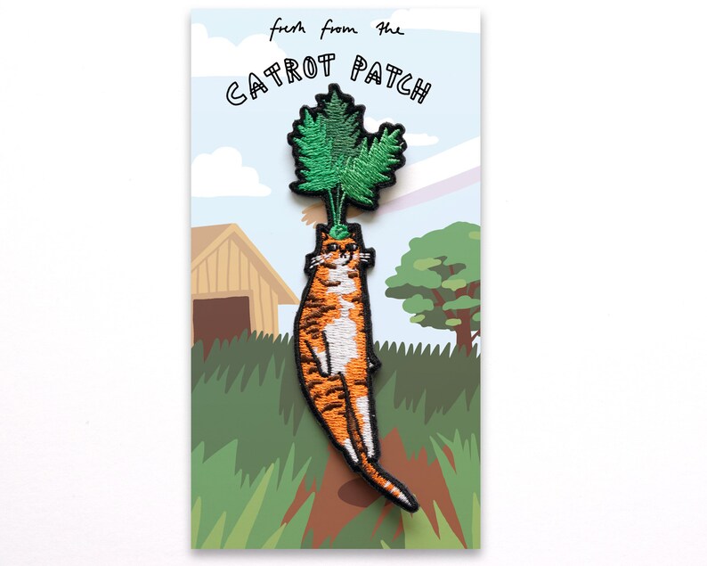 Carrot Cat Patch Cat Badge, Embroidery iron-on patch of orange tabby cat dressed as a carrot, great gift for vegans, cat lover or yourself image 5