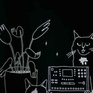 T-Shirt of Cats sitting on Synthesizer Illustrated dj cats screen printed on black organic cotton t-shirt with water-based white ink image 7