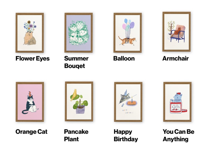 Set of 5 Greeting Cards for every occasion Choose your own, whimsical cat illustration, happy birthday, thank you, flowers and plants image 2