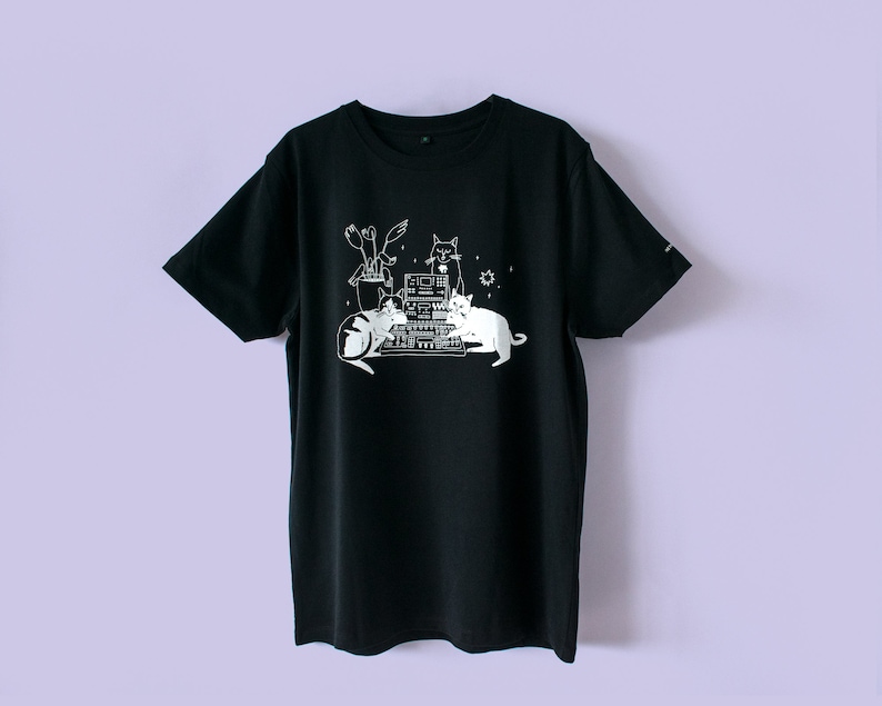 T-Shirt of Cats sitting on Synthesizer Illustrated dj cats screen printed on black organic cotton t-shirt with water-based white ink image 4