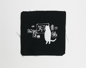 Sew-On Patch: Gallery Cat | Cat Patch, Screen Printed, for Jackets, for Backpack, Black Canvas, Punk Patch, Witchy Patch, Cat Patch