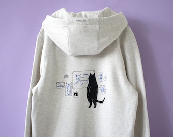 Gallery Cat zipper hoodie | Hand screen printed cat illustration on white melange cotton zip up hoody, original cat art by The Printed Cat