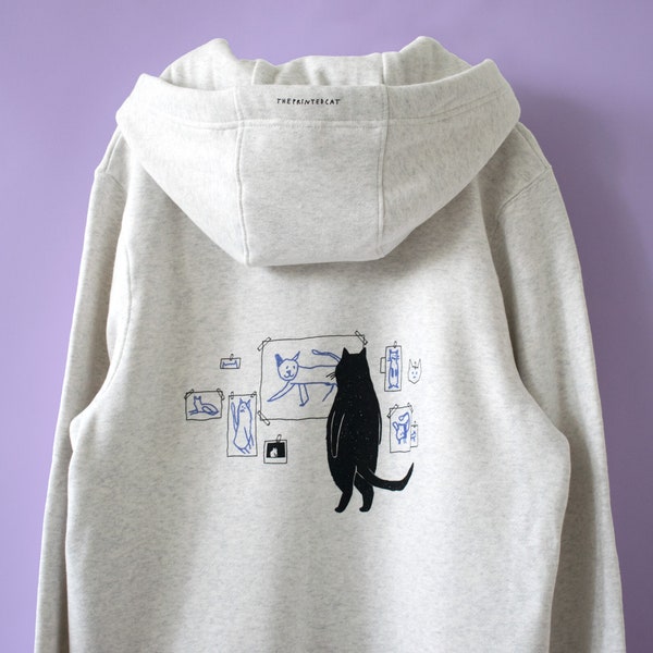 Galerie Katze Reißverschluss Hoodie | Handsiebdruckte Katzenillustration auf weißer melierter Baumwolle mit Reißverschluss, original Katzenkunst von The Printed Cat