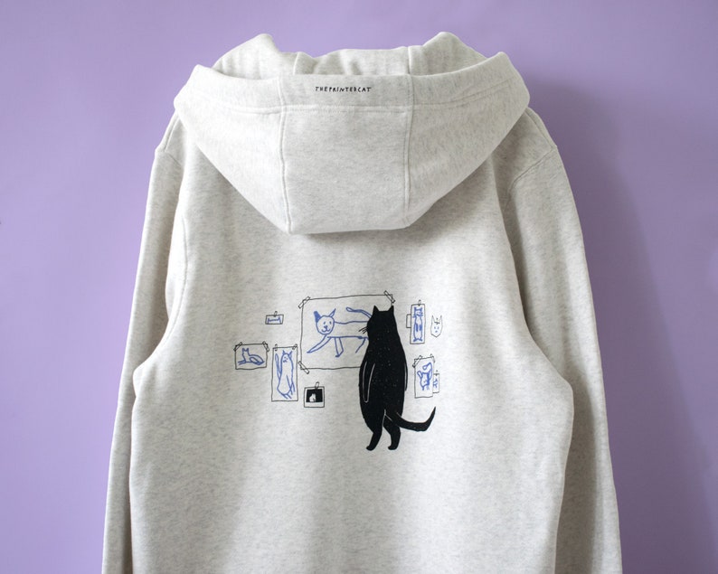 Galerie Sweat à capuche zippé Cat Illustration de chat sérigraphiée à la main sur un sweat à capuche zippé en coton mélangé blanc, art de chat original par The Imprimé Cat image 1