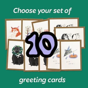 Set of 5 Greeting Cards for every occasion Choose your own, whimsical cat illustration, happy birthday, thank you, flowers and plants image 10