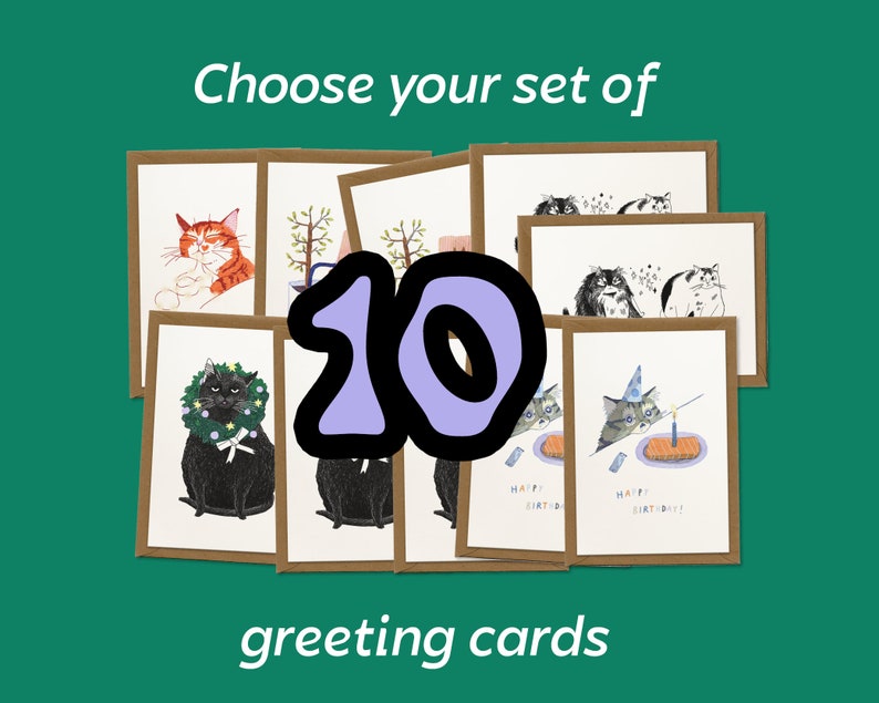 Set of 5 Greeting Cards for every occasion Choose your own, whimsical cat illustration, happy birthday, thank you, flowers and plants image 10