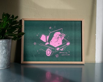 Looking For Fucks To Give A4 Risograph poster | Illustration in fluorescent pink and hunter green of a cat looking through binoculars