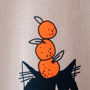 Orange Cat t-shirt Hand screen printed illustration of a cat balancing oranges on misty pink organic cotton tee with navy and orange image 7