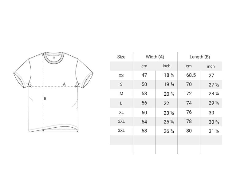 May include: A white t-shirt outline with measurements labeled A and B. A size chart shows shirt width and length in inches and centimeters, ranging from XS to 3XL. Widths range from 18 1/2 inches to 26 3/4 inches.