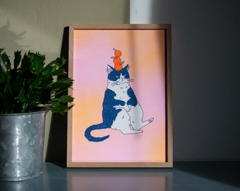 Orange Cat A4 Risograph poster | Illustration in fluorescent pink, yellow and federal blue of a grumpy cat that balances oranges on its head