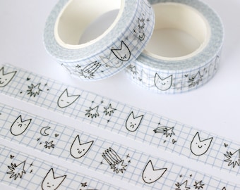 Cute Cat Washi Tape | 15mm x 10m Kawaii stationery with black and white illustration and pastel blue checkered bg for planners, scrapbooks