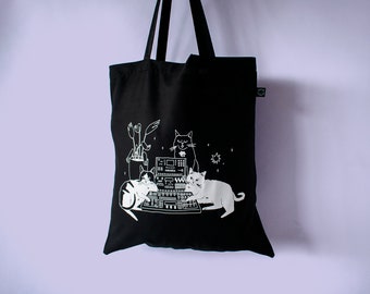 Chats sur synthés | Sac fourre-tout pour chat, sac en coton biologique, sac fourre-tout, sac fourre-tout réutilisable, fourre-tout pour animaux, sac fourre-tout en tissu, sérigraphie, illustration de chat