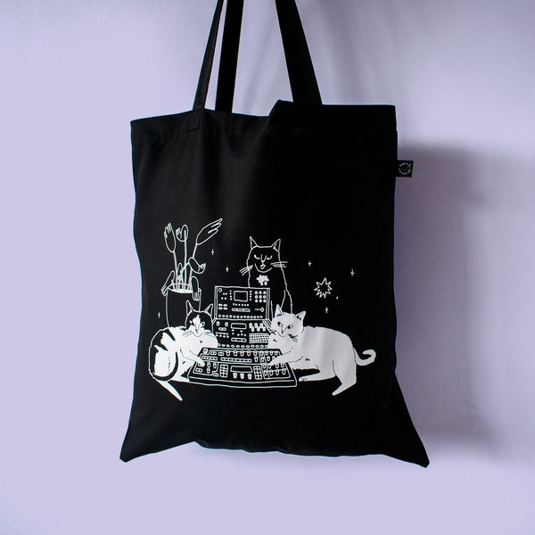 Cats on synths | Cat Tote Bag, Organic Cotton Bag, Tote Bag, Reusable Tote Bag, Animal Tote, Fabric Tote Bag, Screen Print, Cat Illustration