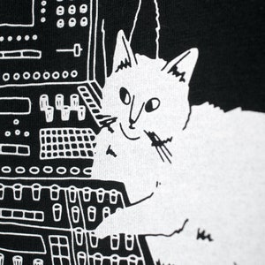 T-Shirt of Cats sitting on Synthesizer Illustrated dj cats screen printed on black organic cotton t-shirt with water-based white ink image 6