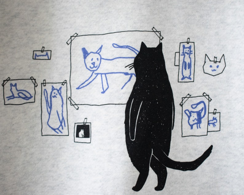 Galerie Sweat à capuche zippé Cat Illustration de chat sérigraphiée à la main sur un sweat à capuche zippé en coton mélangé blanc, art de chat original par The Imprimé Cat image 2